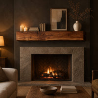 Thick wooden beam mantel shelf with a wavy natural top edge in a dark living room at golden hour
