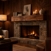 Thick wooden beam mantel shelf with a wavy natural top edge in an evening living room with walnut wall paneling