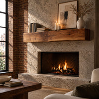 Thick wooden beam mantel shelf with a wavy natural top edge in an industrial loft living room with exposed brick