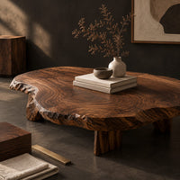 Corner detail of low coffee table with a thick live edge slab top on short chunky legs beside wood, brass and linen samples