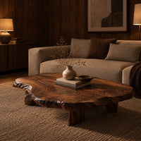 Low coffee table with a thick live edge slab top on short chunky legs in an evening living room with walnut wall paneling
