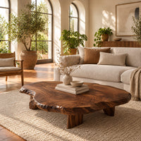 Low coffee table with a thick live edge slab top on short chunky legs in a bright living room with arched windows and plants