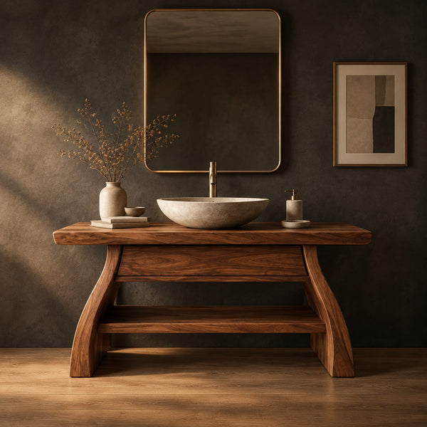 Thick Slab Bathroom Vanity With Flared Legs And Low Shelf
