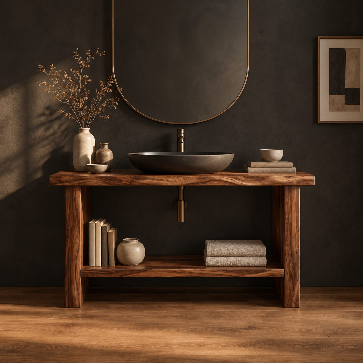 Bathroom vanity with a thick slab top, plank legs and a low shelf in a dark studio against a charcoal plaster wall