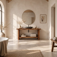 Bathroom vanity with a thick slab top, plank legs and a low shelf in a bright open plan bathroom