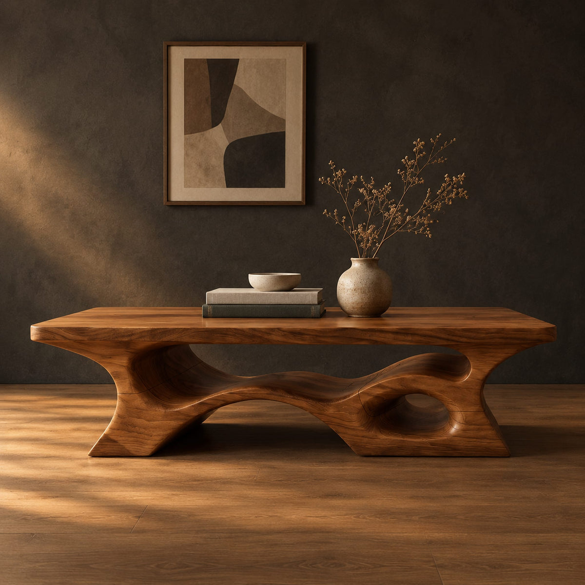 Thick slab coffee table with a carved cutout base in a dark studio against a charcoal plaster wall
