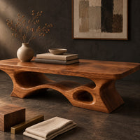 Corner detail of thick slab coffee table with a carved cutout base beside wood, brass and linen samples