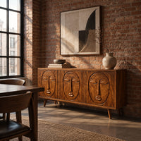 Three door sideboard with carved face reliefs and tapered angled legs in an industrial loft dining room with exposed brick
