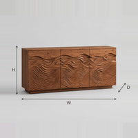 Three Door Sideboard With Rippling Wave Carving On A Plinth Base dimension diagram with width, height and depth
