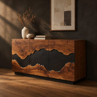 Three door sideboard with a wavy black center band and a plinth base, three-quarter view showing the grain