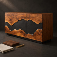 Corner detail of three door sideboard with a wavy black center band and a plinth base beside wood, brass and linen samples