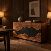 Three door sideboard with a wavy black center band and a plinth base in an evening dining room with walnut wall paneling