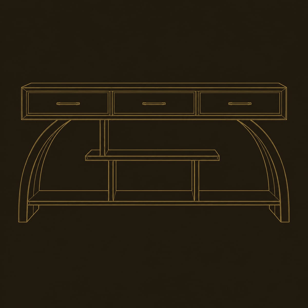 Three Drawer Console Table With Arched Sides And Open Shelves dimension diagram