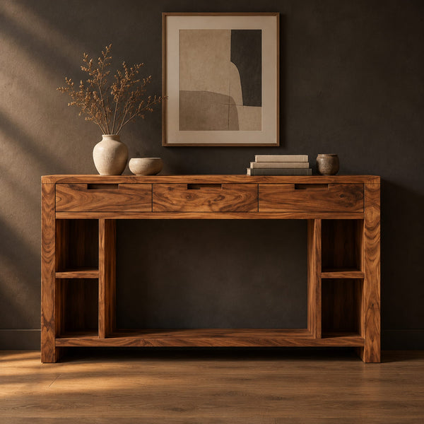 Three Drawer Console Table With Open Side Cubbies And Lower Shelf