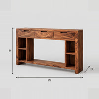 Three Drawer Console Table With Open Side Cubbies And Lower Shelf dimension diagram with width, height and depth