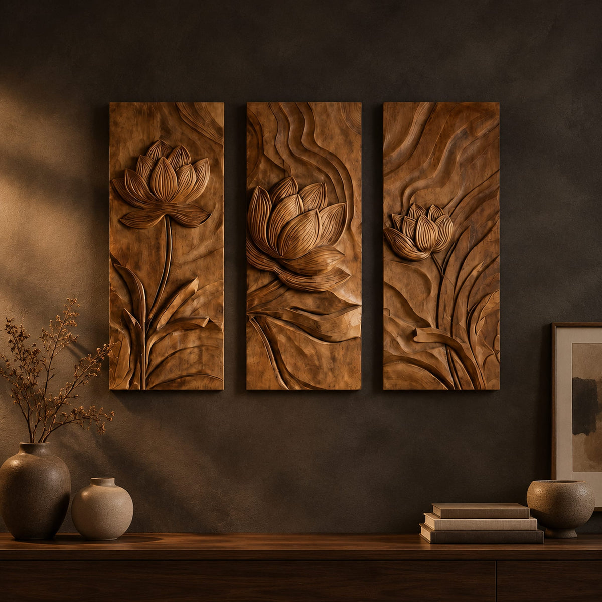 Set of three tall wooden panels carved with lotus flowers in relief on a dark charcoal plaster wall