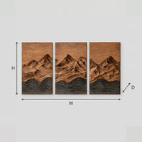 Three Panel Carved Mountain Range Wall Art With Dark Wave Lines dimension diagram with width and height