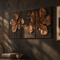 Three panel carved floral relief wall art with large petals on dark panels, three-quarter view showing the carved depth