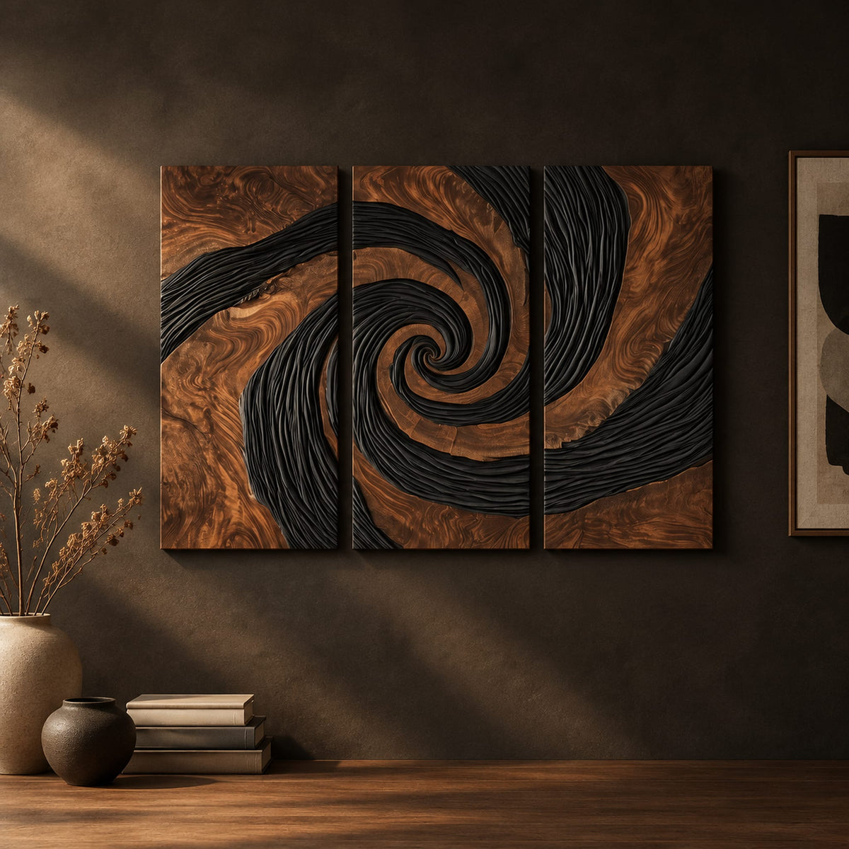 Three panel spiral wall art with a carved black swirl on warm wood on a dark charcoal plaster wall