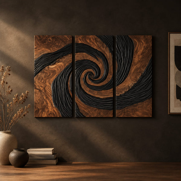 Three Panel Spiral Wall Art With Carved Black Swirl Relief