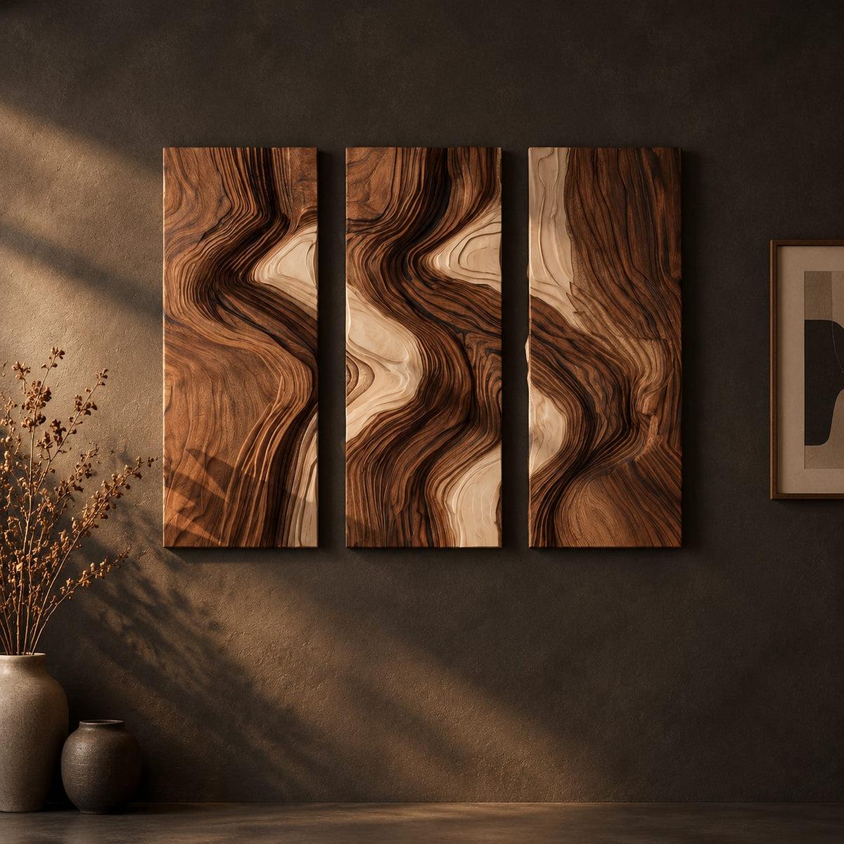 Three panel wall art with flowing bands of dark and light wood grain on a dark charcoal plaster wall