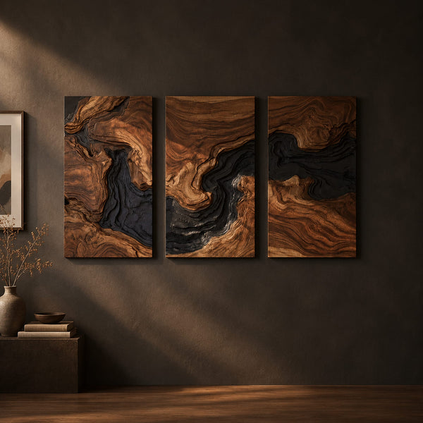 Three Panel Wall Art With Swirling Grain And Dark River