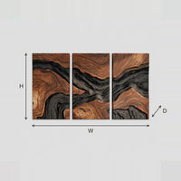 Three Panel Wood Grain Wall Art With Dark Flowing River Band dimension diagram with width and height