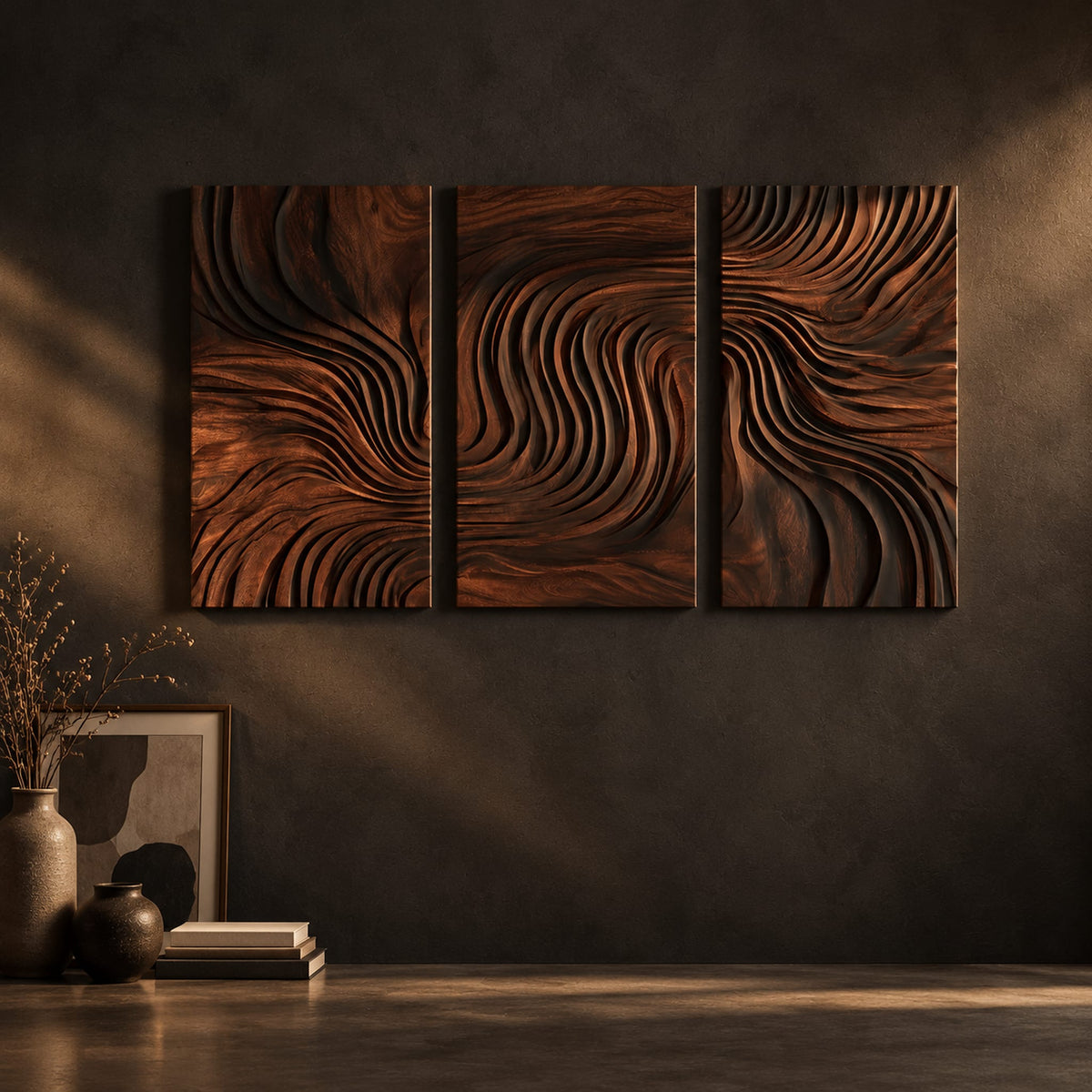 Three panel wall art with flowing carved grain pattern on a dark charcoal plaster wall