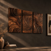 Three panel wall art with flowing carved grain pattern, three-quarter view showing the carved depth