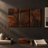 Detail of three panel wall art with flowing carved grain pattern beside wood, brass and linen samples