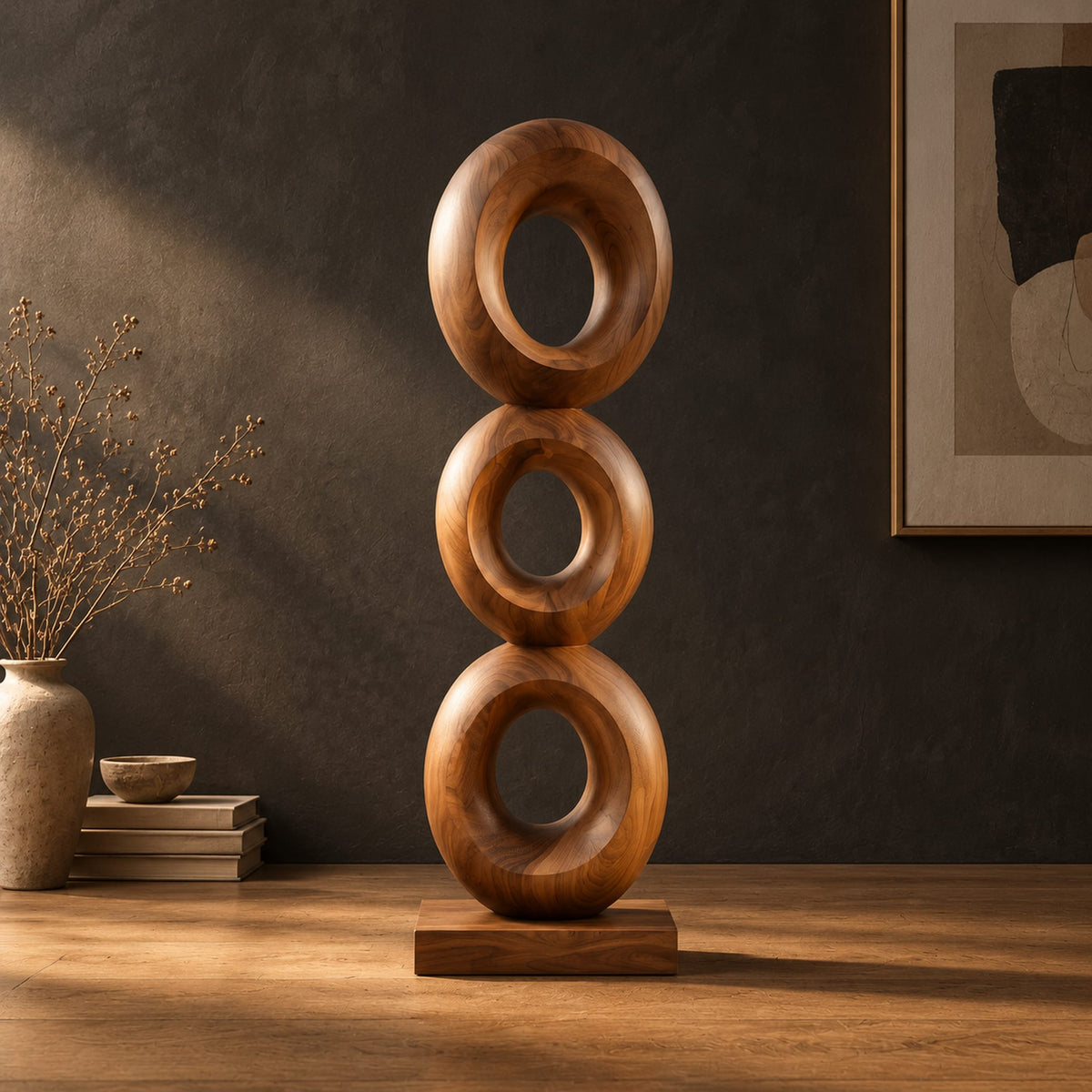 Stacked three ring sculpture with open centers on a flat plinth in a dark studio against a charcoal plaster wall
