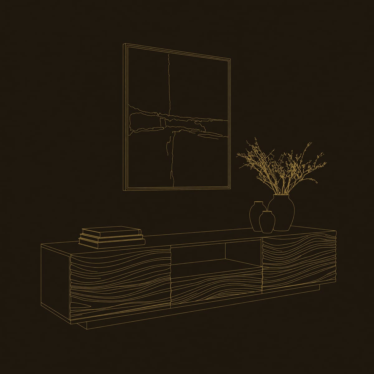 Tidegrain Media Cabinet, Wave Carved Doors Around an Open Niche dimension diagram