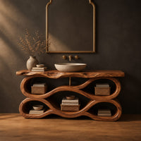Tiered wave bathroom vanity with a natural edge top and open bays in a dark studio against a charcoal plaster wall