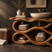 Corner detail of tiered wave bathroom vanity with a natural edge top and open bays beside wood, brass and linen samples