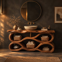 Tiered wave bathroom vanity with a natural edge top and open bays in a dark bathroom at golden hour
