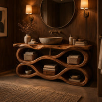 Tiered wave bathroom vanity with a natural edge top and open bays in an evening bathroom with walnut wall paneling