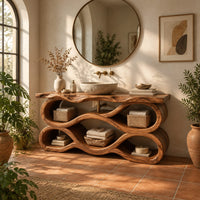 Tiered wave bathroom vanity with a natural edge top and open bays in a bright bathroom with arched windows and plants