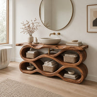 Tiered wave bathroom vanity with a natural edge top and open bays in a Scandinavian bathroom with white walls
