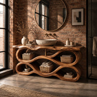 Tiered wave bathroom vanity with a natural edge top and open bays in an industrial loft bathroom with exposed brick