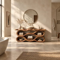 Tiered wave bathroom vanity with a natural edge top and open bays in a bright open plan bathroom