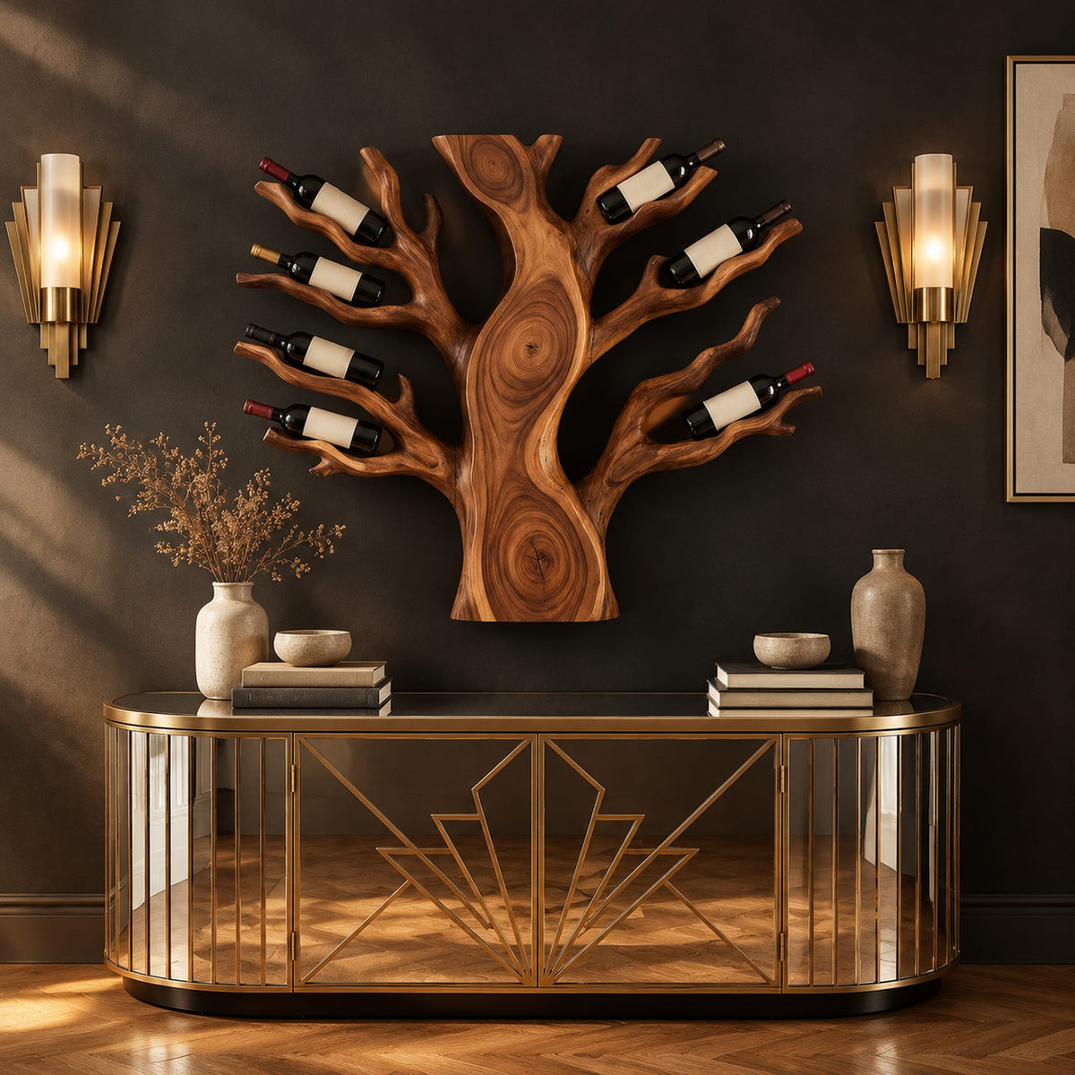 Carved tree shaped wine rack with a thick trunk and branches in a dark studio against a charcoal plaster wall