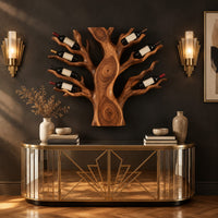 Carved tree shaped wine rack with a thick trunk and branches in a dark studio against a charcoal plaster wall
