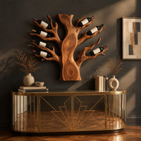 Carved tree shaped wine rack with a thick trunk and branches, three-quarter view showing the grain