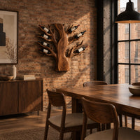Carved tree shaped wine rack with a thick trunk and branches in an industrial loft dining room with exposed brick
