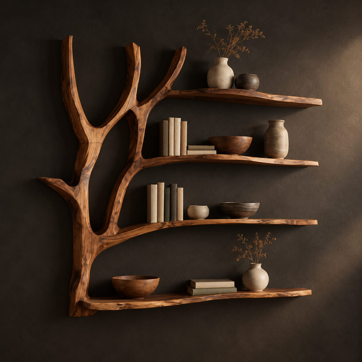 Tree branch wall shelf with four boards and a forked trunk in a dark studio against a charcoal plaster wall
