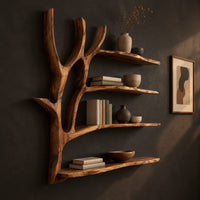 Tree branch wall shelf with four boards and a forked trunk, three-quarter view showing the grain