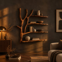 Tree branch wall shelf with four boards and a forked trunk in a dark living room at golden hour