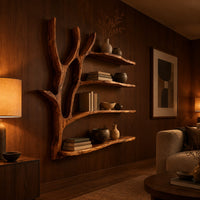 Tree branch wall shelf with four boards and a forked trunk in an evening living room with walnut wall paneling