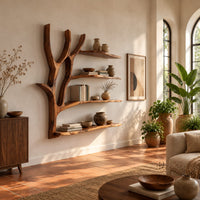 Tree branch wall shelf with four boards and a forked trunk in a bright living room with arched windows and plants