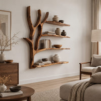 Tree branch wall shelf with four boards and a forked trunk in a Scandinavian living room with white walls